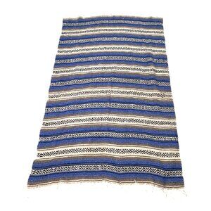 Handwoven Blue & Beige Striped Mexican Blanket Rug - Bohemian Style Home Decor